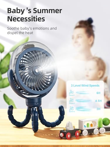 Image of Misting Stroller Fan, 6000mAh Battery Operated Portable Fan with Light & 360 Pivoting, Personal Cooling Fans with Flexible Tripod for Baby, Office, Travel,Treadmill,Outdoors (Dark Blue)