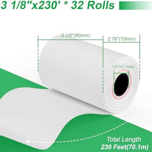 3 1/8 x 230 Thermal Paper Receipt Rolls, 32 Rolls Thermal Receipt Paper 3 1/8 Credit Card Paper, Fits All POS Cash Registers, Credit Card Terminal (3 1/8\" x 230\' Reciept Paper 32 Rolls)