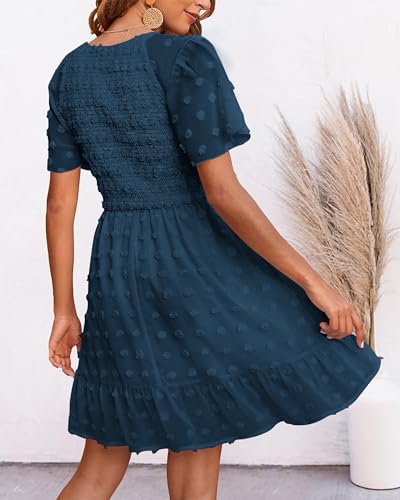 BTFBM Womens Beach Vacation Dress Summer 2025 V Neck Short Sleeve Smocked Swiss Dot Cute Ruffle Casual Fall Mini Dresses3