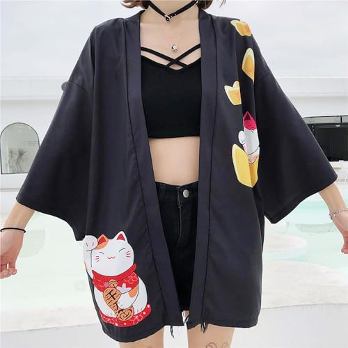 Image of LAI MENG FIVE CATS Women's Lucky Cat Cardigan Kimono Loose Cover up Casual Blouse Cute Tops