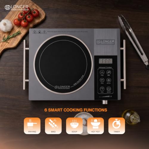 Image of LONGER 2500W Infrared Cooktop with Grill Rack - Dual Control (Touch + Knob), Crystal Glass Hot Plate, Digital Display, 240V Portable Electric Stove, Universal Cookware Compatible (Silver)