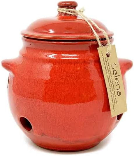 Selena Glaze Hand Dipped Garlic Storage Jar Pot with Lid - Decorative Home Décor Kitchen Restaurant Café Dining Counter Top Food Round Cannister Keeper - 15cm Red