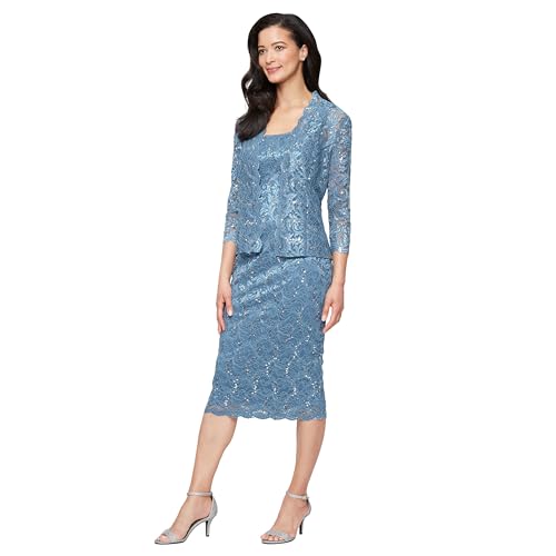Image of S.L. Fashions Women's Tea Length Sequin Lace Mother of The Bride Dress with Illusion Sleeve Jacket
