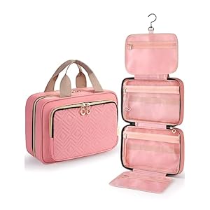 Travel Toiletry Bag for Women with Hanging Hook & Large Wet Compartment for Full-Sized Container, Water-Resistant Makeup Cosmetic Traveling Bag for Brushes, Shampoo, Essentials (Pink)