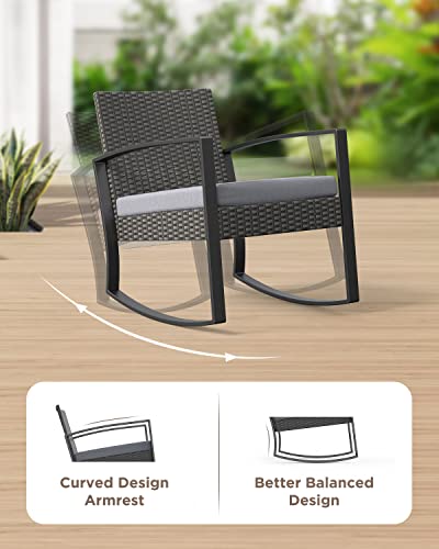 Aiho Patio Furniture Set 3 Pieces Wicker Outdoor Patio Bistro Rocking Chair Sets With Cushion Porch Furniture Set With Glass Table Rattan Chair Modern Bistro Set For Porches And Balcony (Grey Cushion) #TOP2