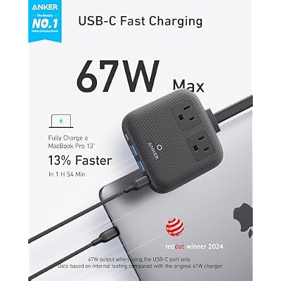 Anker Travel Power Strip, Anker Nano 67W Max 6-in-1 USB C Charger, 2 AC, 2 USB A and 2 USB C, 5ft Thin Undetachable Flat Plug Extension Cord with Multiple Outlets, Travel Essentials, Cruise Essentials