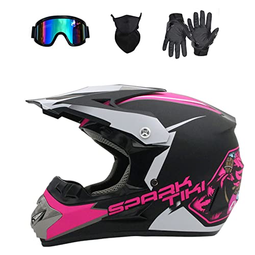 Motocross Helmet,Outdoor Full Face Dirt Bike Helmets ATV Offroad Youth Motorcycle Helmet SUV Dirt Bike Mountain Bike Helmet DOT Unisex Offroad Helmet (4 Piece Set) (Pink, X-Large)
