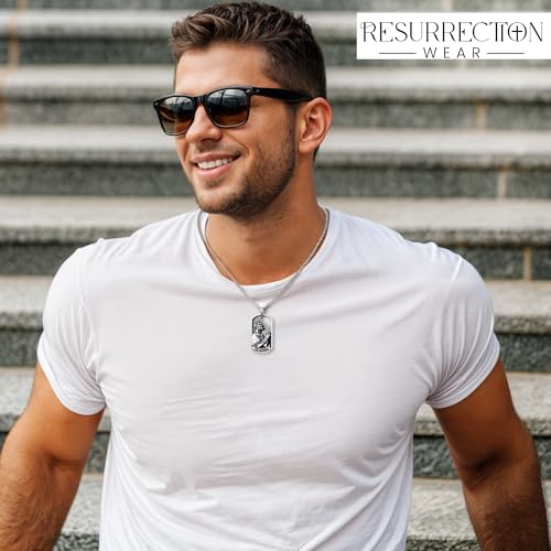 Jesus Necklace for Men – Engraved 2-Sided Masculine Dog Tag Pendant with Image of Jesus Praying & Philippians 4:13 (NIV) – Available in Aged Silver or Gold – Celebrate His Resurrection2