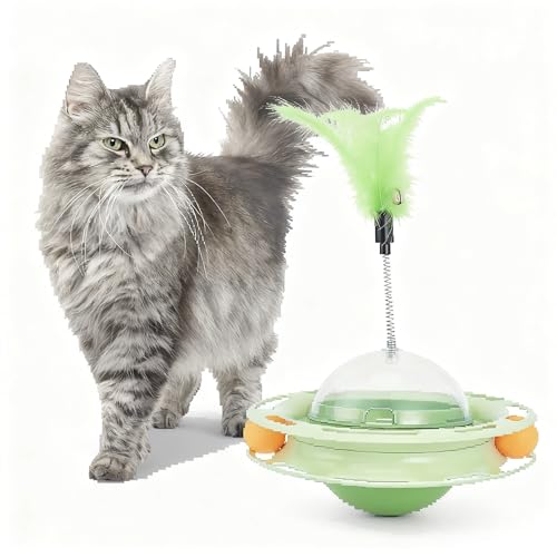 Iptienda Katzenspielzeug,4-in-1 Intelligenzspielzeug für Katze mit Federn& Ballübungs,Katzen Beschäftigung Fummelbrett für Katzen Fütterungstraining und Selbstbeschäftigung Leckereienspender