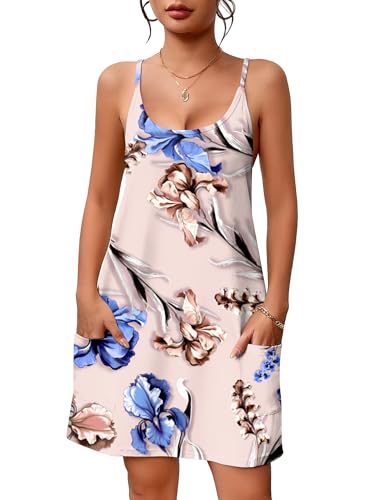 Image of Ekouaer Nightgowns for Women Cotton Sleepwear Sexy Sleep Shirt Adjustable Spaghetti Strap Night Gowns with Pockets S-3XL