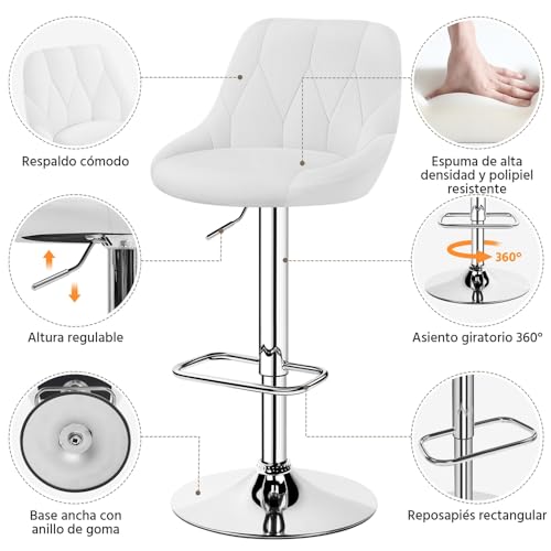 Miniatura 6 de Yaheetech Juego De 2 Taburetes De Bar De Altura Ajustable 86-107,5 Cm Sillas De Bar Asiento Giratorio Reposapiés Cuadrado Estructura De Metal Blanco