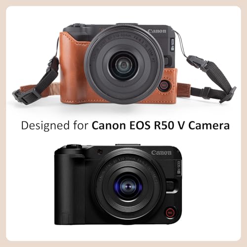 Funda para cámara Canon EOS R50 V de cuero PU marrón miniatura 2