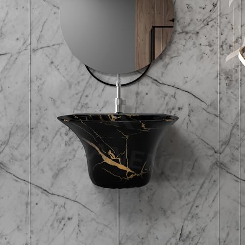 Image of REMANENCE Luxury Wall Mount Half Pedestal Wash Basin for Bathroom | Designer Wall Hung Basin | Wall Mounted Washbasin for Resturent, Hotels (16 x 16 x 11 Inch) (Black Gold Jelly)