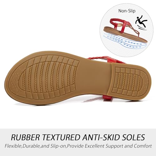Image of iCKER Womens Braided T‑Strap Flat Sandals Elastic Stretch Ankle Strap | Boho cute casual lightweight and comfort matches dresses for beach vacation