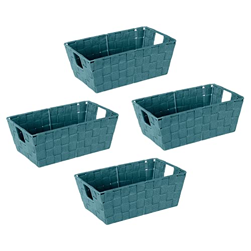 Image of Simplify Small Shelf Woven Strap Tote | Decorative Storage Basket | Built in Handles | Organization | Closet | Bedroom | Bathroom | Nursery | Accessories | Toys | Gifts | 4 Pack | Sapphire