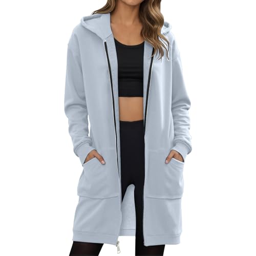 Dyhxuan Sudadera larga con cremallera para mujer, chaqueta monocolor, chaqueta con capucha, chaqueta de entretiempo, informal, chaqueta deportiva ligera, chaqueta de forro polar, cómoda sudadera con