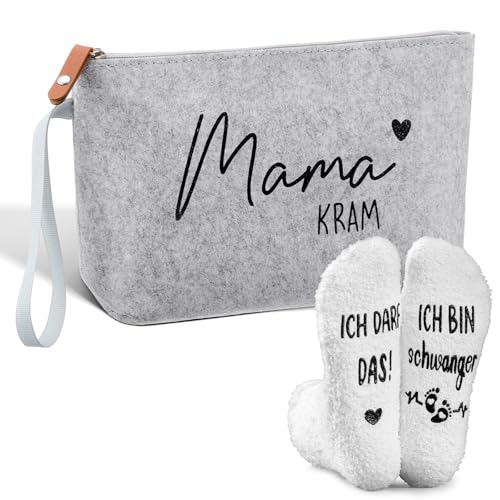 Jadive 2 Stück Geschenkset für Werdende Mütter Mama Kram Kosmetiktasche aus Filz mit Reißverschluss Schwangerschaft rutschfeste Socken für Neue Mama Frauen Babyparty Verkünden (Hellgrau, Weiß)