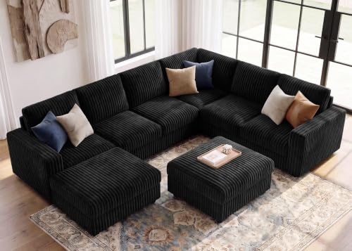 Image of HONBAY Corduroy Sectional Sofa with Ottoman, 8 Seats U Shaped Couch, Black