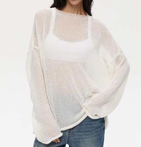 Cioatin Women Oversized Long Sleeve Sheer Mesh Knit Sweater Tops Y2K Summer Loose Hollow Out Pullover Jumper Shirt Beach2