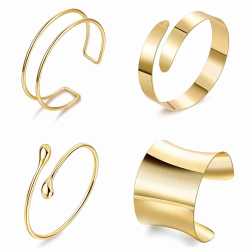 4PCS Gold Arm Cuff Bracelets for Women Chunky Open Wrap Cuff Bracelet Set Adjustable Upper Arm Bracelet Bangle Statement Bracelet Minimalist Irregular Armband Coil Swirl Arm Jewelry