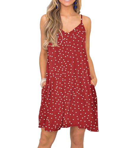 Image of Women's Summer Spaghetti Strap Casual Swing Tank Beach Cover Up Dress with Pockets