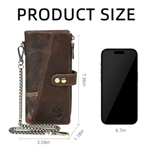 Image of Genuine Crazy Horse Leather Travel Gift Coin Pocket Card Case Long Organizer Chain Rfid Wallet Purse With Snap For Men Male 1803 (1803 dark coffee)