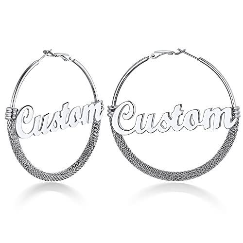 Custom4U Bamboo Hoop Earrings for Women Gold/Silver/Black Large Name Earrings Personalized - Hypoallergenic Lightweight Big Thick Hoops 30/40/50/60/70/80mm - Custom Made Birthday Christmas G
