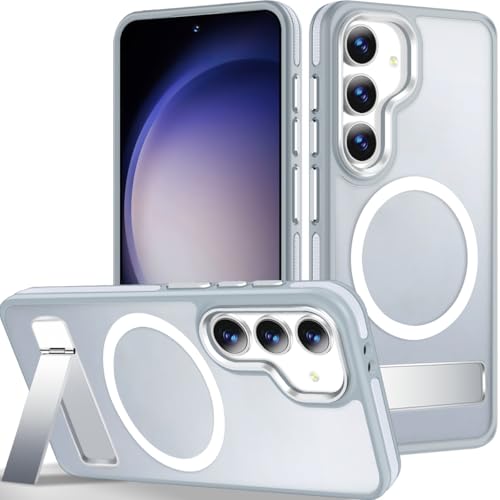 Image of MALEWOLF for Samsung Galaxy S24 Case, [Built-in Stand] Anti-Skid TPU Edge & Matte Translucent S24 Cover, Compatible with Magsafe, Slim Shockproof Magnetic Phone Case for S24 5G (Grey /White)