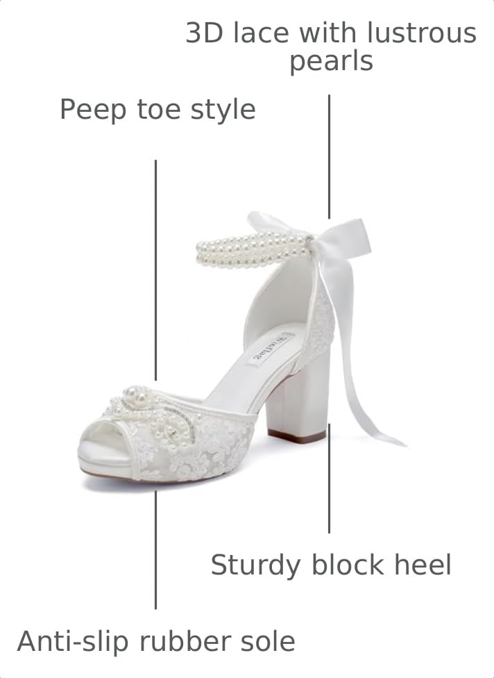 Image of Lace Pearl Wedding Shoes for Bride High Heel Bridal Shoes Peep Toe Platform Wedding Heels