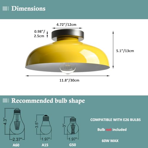DIRYZON Macarons Yellow Ceiling Light Industrial Mount Fixture with 12-Inch Metal Shade for Bedroom Hallway Porch by DIRYZON - Image 5