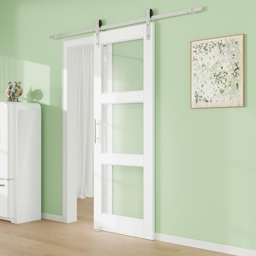 Image of 30 inch x 80 inch Presembled Barn Door with 72 inch Track Kit, Top Frosted Glass Bottom MDF Solid Core Panel Sliding Barn Doors for Closet Kitchen Bedroom Pantry, Nickel-Plated Hardware Kit, Easy to Install