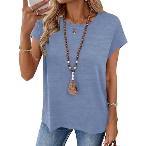LOMON Womens Summer Tops Short Sleeve Shirts Cap Sleeve Tops Crew Neck Cute Trendy Tunic Blouses Dressy Casual Outfits 2026 Blue Medium