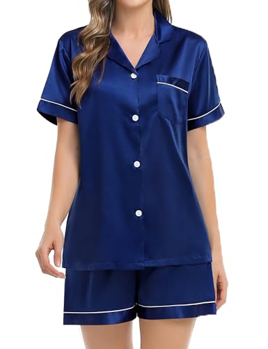 Image of SWOMOG Womens Silk Satin Pajamas Set Short Sleeve Sleepwear Button Down Top and Shorts Loungewear 2 Piece Pjs Set XS-3XL