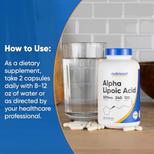 Nutricost Acide alpha-lipoïque 600 mg par portion, 240 gélules – Sans gluten, gélules végétariennes, sans soja et sans OGM