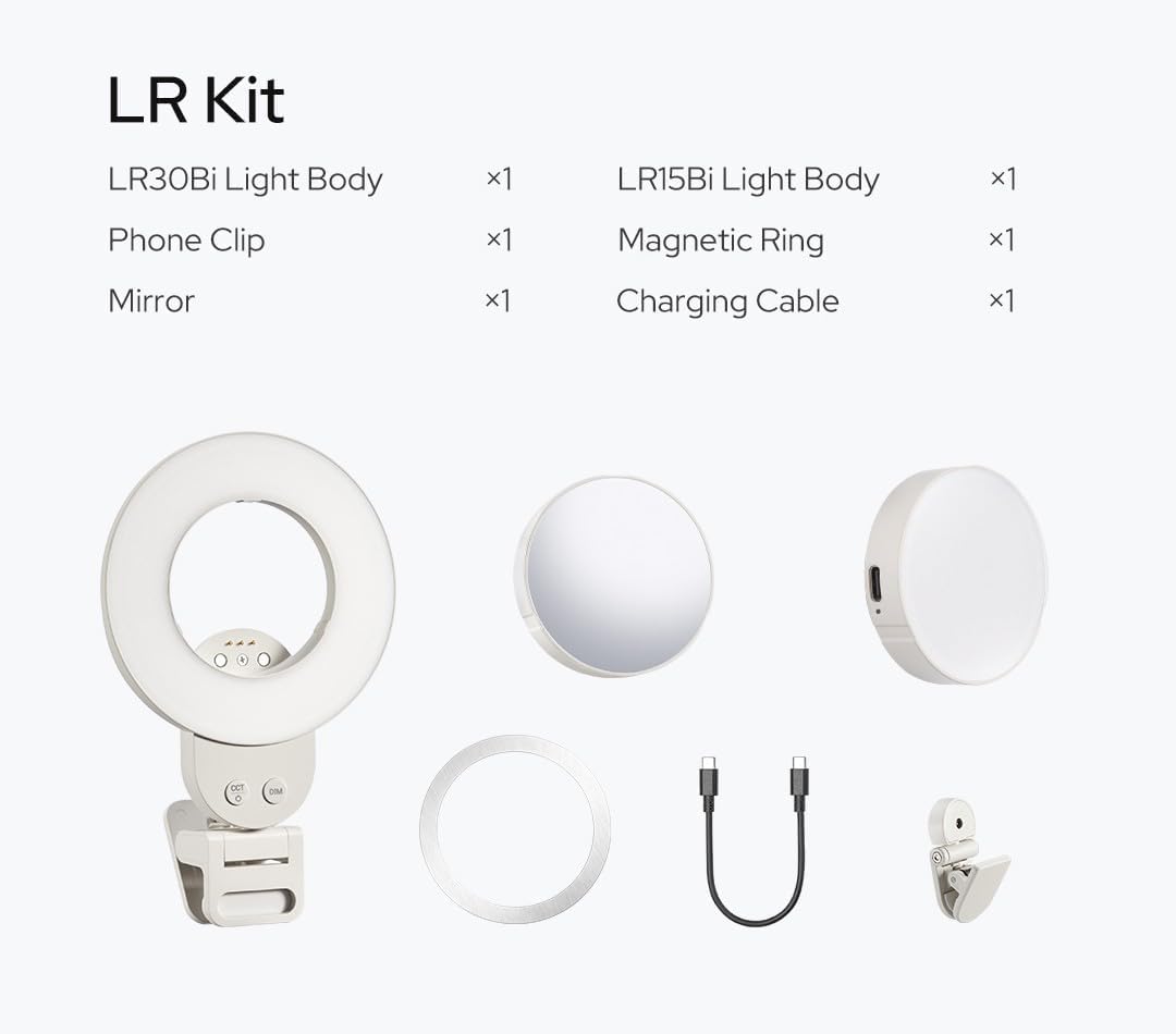 Godox LR Kit LED Video Light with LR15Bi Magnetic Round Light & LR30Bi Clip-on Ring Light with Mirror, CRI 97 Bi-Color 2800K-6500K, Foldable Smartphone Fill Light for Live Stream, Vlog, Makeup