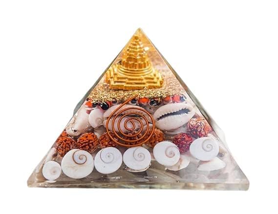 FikupFikup Shri Lakshmi Yantra Gomti Chakra Laxmi Pyramid - 80 mm Large Maha Laxmi Yantra Orgonite Pyramid with Shree Yantra - Pooja Vastu Items for Home with Rudraksha, Gomati Chakra (Wealth Pyramid)
