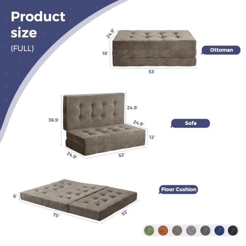 Image of MAXYOYO 6 inch Folding Sofa Bed for Floor, Tufted Tri-Fold Floor Mattress | Full Size Portable Sofa Couch Guest Mat with Chenille Fabric for Adults, Foldable Topper for Camping, Brown, Full