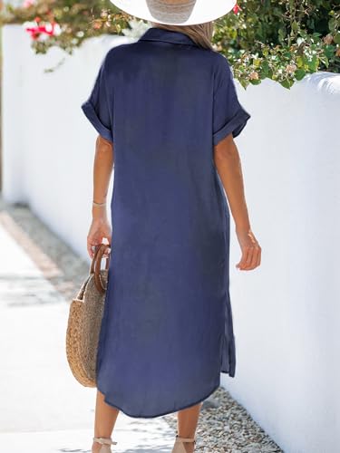 Image of CUPSHE Women Long Summer Dress Bell Sleeve Button Down Dress V Neck Casual Shirt Cover up Dress