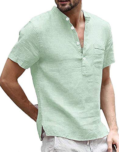 Enjoybuy Mens Linen Henley Shirts Short Sleeve Casual Summer T Shirt Banded Collar Beach Tops Mint