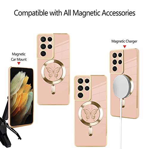Fiyart Magnetic Case For Samsung S21 Ultra Compatible With Wireless Charging,Cute Butterfly Phone Case With Camera Lens Protection For Women Girls Men For S21 Ultra 6.8"- Pink #TOP3