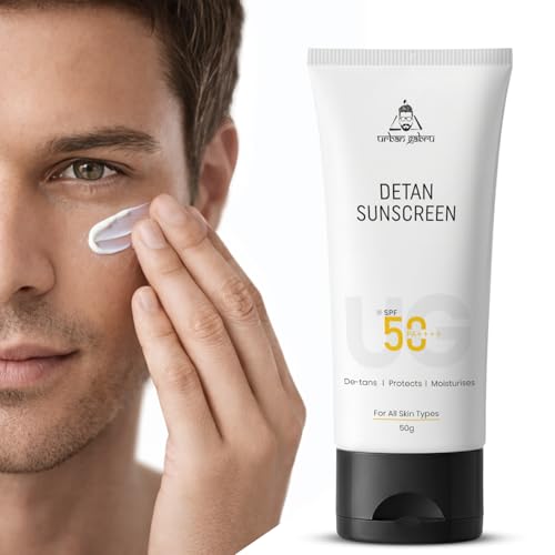 Image of Urbangabru Detan Sunscreen SPF 50 PA++++ for Men | For Oily, Dry & All Skin Types | No White Cast, Lightweight & Non-Sticky | De-Tan & Brightening Face Cream with Niacinamide & Kojic Acid | UVA /UVB Protection | 50g