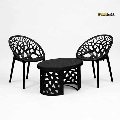 Image of Oaknest Neelakamal Crystal Plastic Chair and Table Set of 2+1 | Modern Cut-Out Design Indoor & Outdoor Furniture for Balcony, Garden, Patio, and Living Room | Iron Black