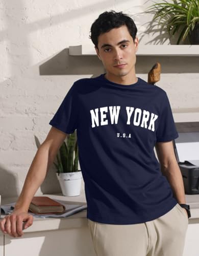 Image of Veirdo Regular Fit Half Sleeves Round Neck Typographic Printed Pure Cotton T-Shirt for Men (Available Colors: Black, Navy, Swan White, & White) (Sizes: S to 2XL)
