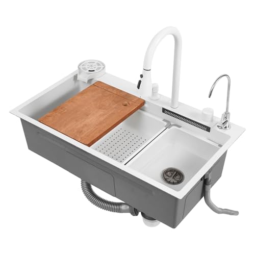 Fregadero de acero inoxidable con escurridor, tabla de cortar y lavadora de tazas, 80 cm, rectangular, para cocinas, restaurantes, hoteles, color blanco