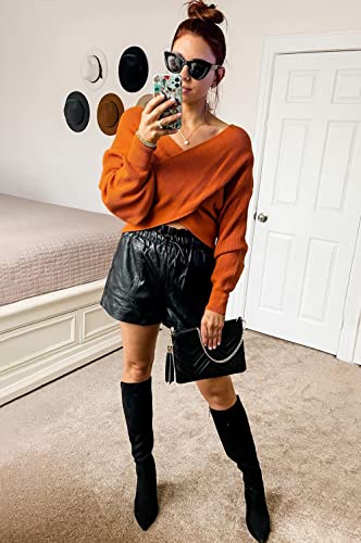 Btfbm Women Casual V Neck Long Sleeve Sweaters Cross Wrap Front Off Shoulder Asymmetric Hem Knitted Crop Solid Pullover(Solid Brown, Medium) #TOP3