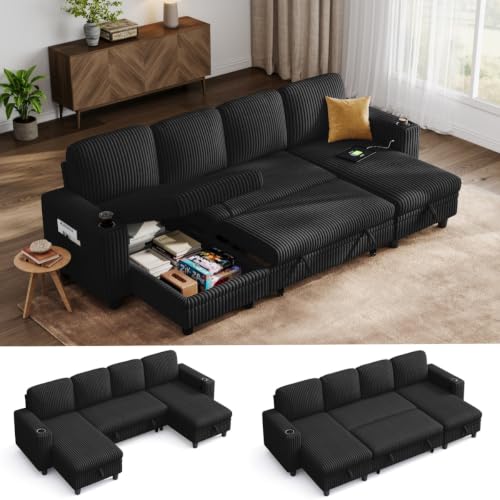 Image of LINSY HOME Modular Sectional Sofa Bed, U Shaped Sleeper Sofa Couch with Storage Chaise, Corduroy Sectional Couches for Living Room, Versatile Armrest, 4 Seats, Black, 106 inch W x 55 inch D x 34 inch H