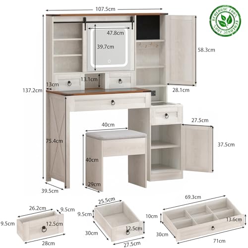 Image of Farmhouse Makeup Vanity Desk with Sliding Mirror and Lights, 42 Wood Vanity Table Set with Glass Top, Power Outlets, Jewelry Storage Cabinet, 4 Drawers, Stool for Country Room Decor, Antique White