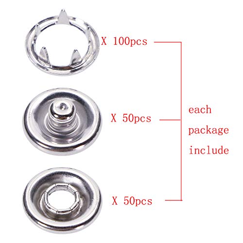 Onlykxy 50 Sets 9.5Mm/0.37Inch Snap Buttons, Metal Ring Snaps, Snap Fasteners Kit, Hollow Prong Buckle (Silver) #TOP3
