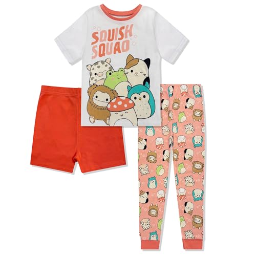 Squishmallows Girls Pajama Set - 3 Piece Pants, T-Shirt & Shorts - Cotton Sleepwear PJ Set for Kids - Official License