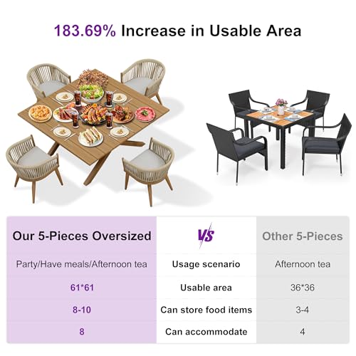 Image of PURPLE LEAF 5 Pieces Oversized Square Outdoor Dining Set with Patio Aluminium Dining Table and Wicker Chairs Modern Furniture Cushions Sets for Backyard Indoor Decor Kitchen Teak
